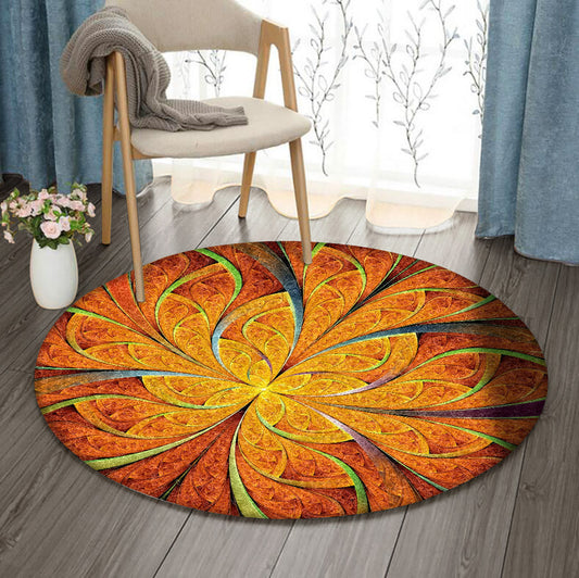 Orange Fractal Flower DD0910087RR Round Area Rug