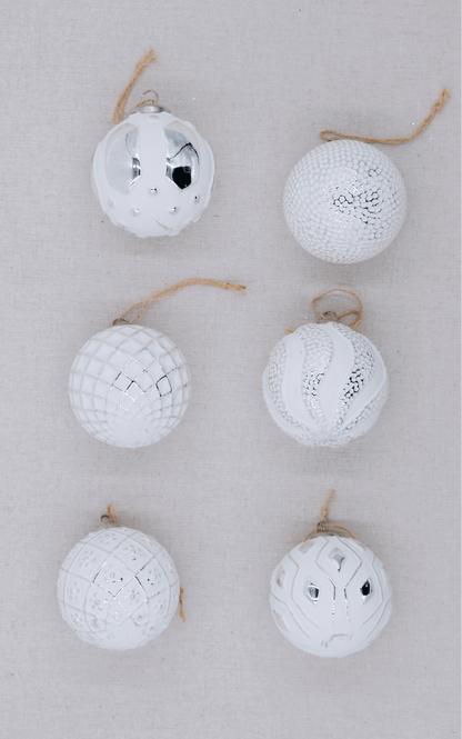 Distressed White Glass Ornament Set (6 Pack)