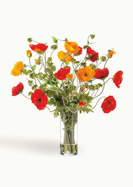 Red and Orange Fake Poppy Arrangement in Glass Vase - 36"