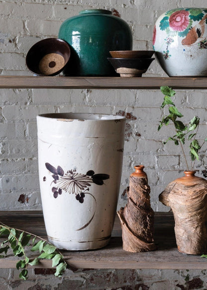 Painted and Glazed Handmade Clay Flower Pot in White - 14"