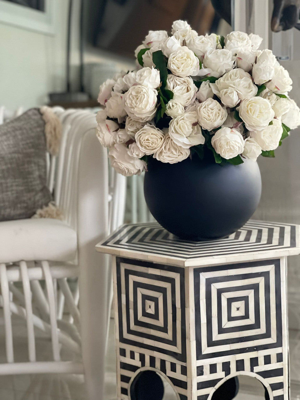 English Roses in Matte Black Fishbowl Vase