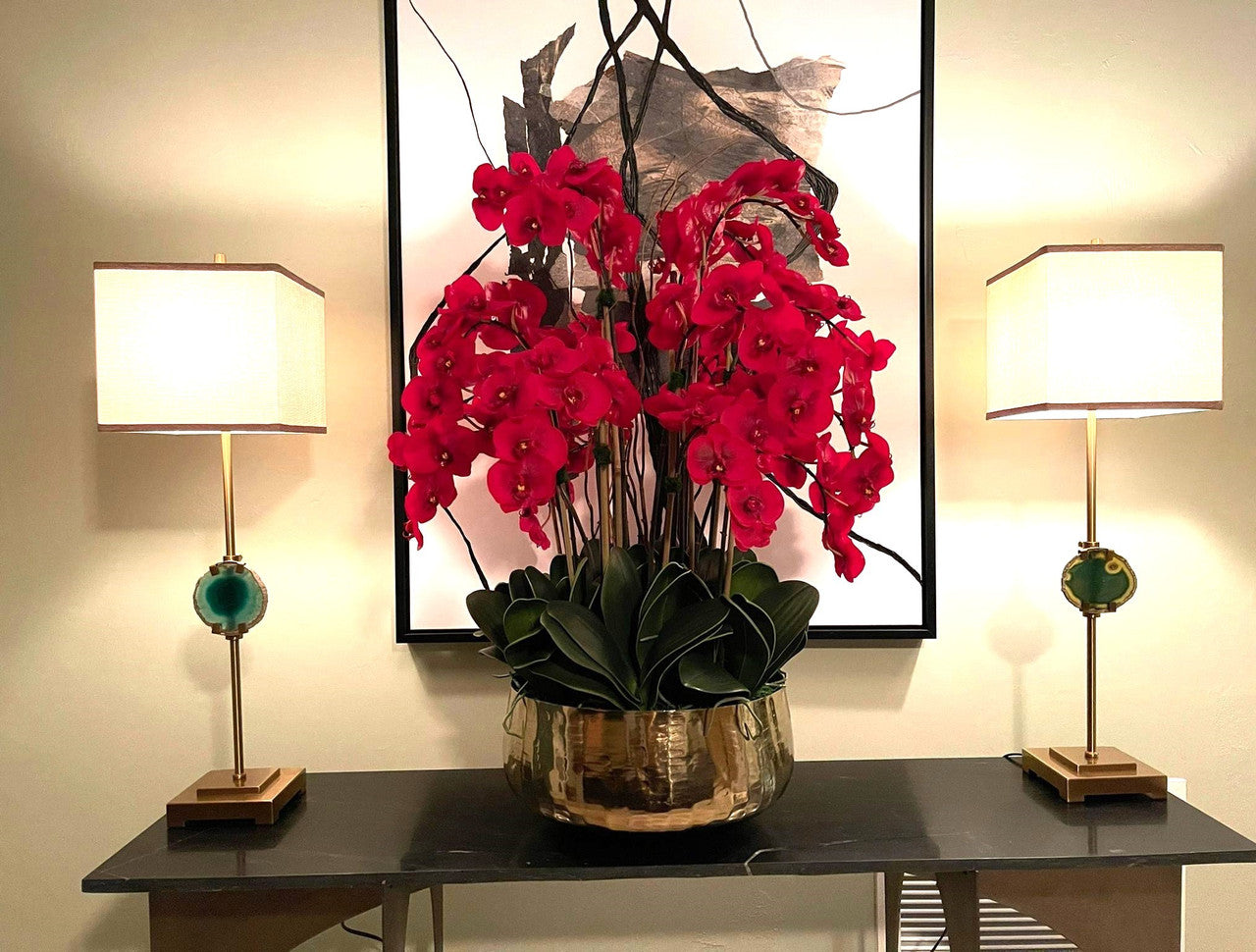 Red Phalaenopsis Orchids Floral Arrangement in Large Gold Planter