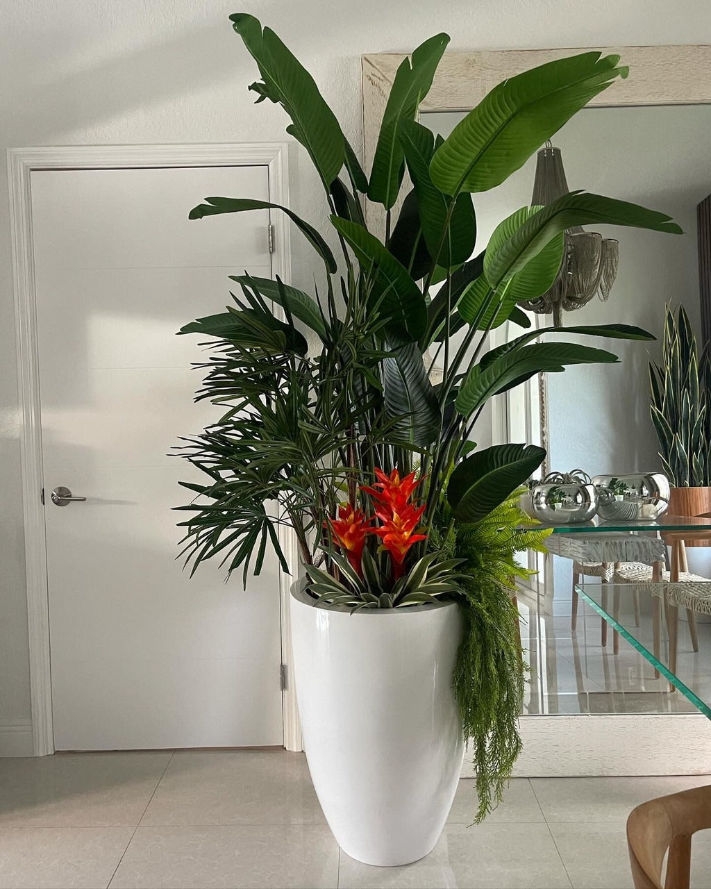 Tropical Mix Plants in Glossy White Brannan Planter