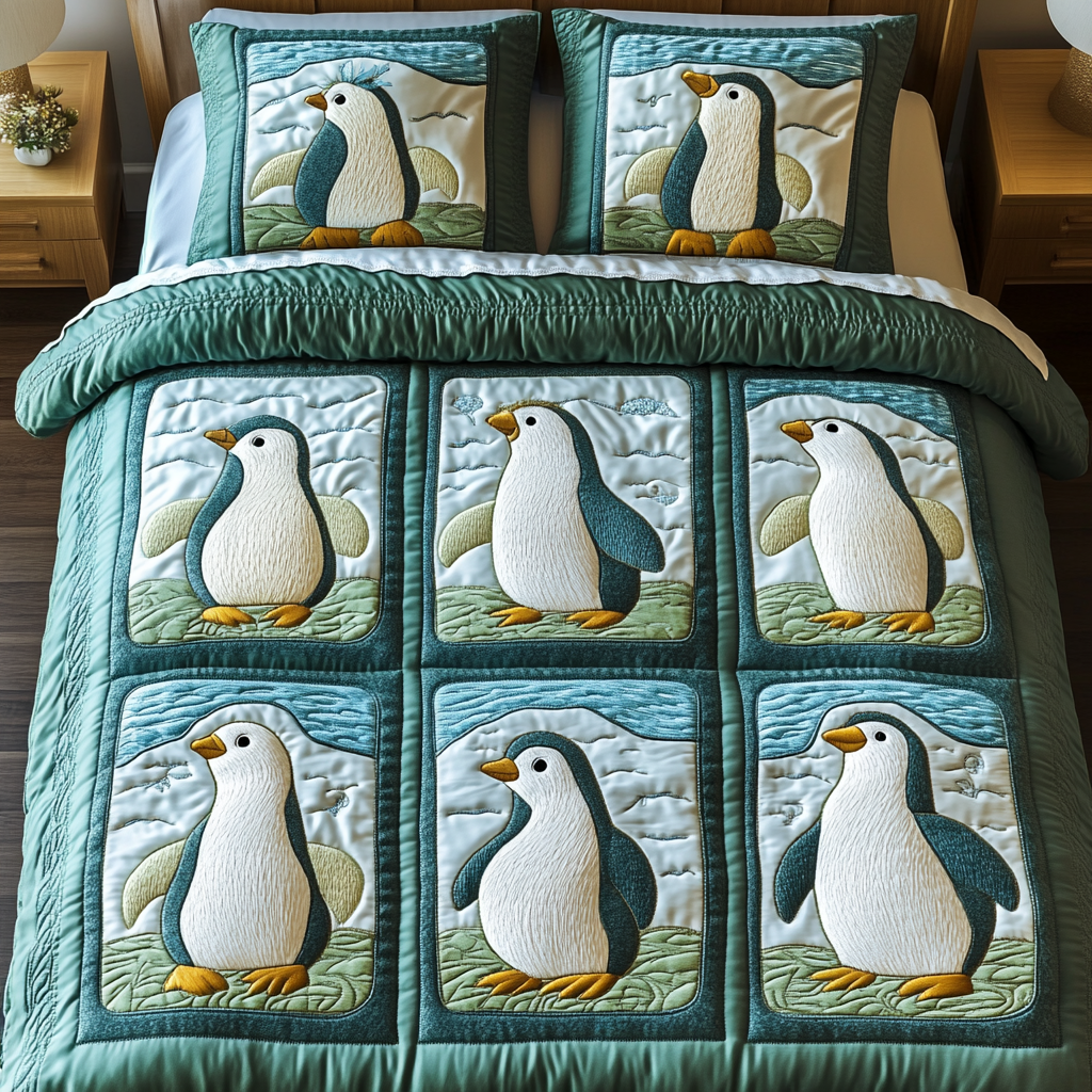 Penguin Parade 3-Piece Quilted Bedding Set NCU0DK2409