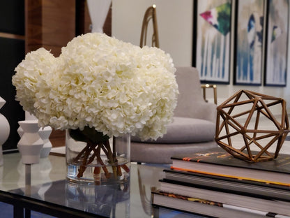 White Hydrangea Bouquet in clear glass cylinder vase