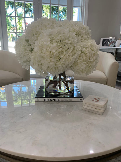 White Hydrangea Bouquet in clear glass cylinder vase