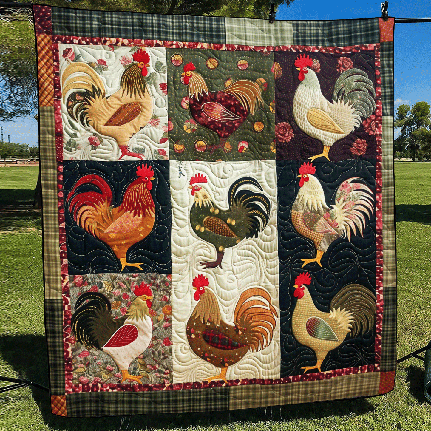 Plaid Poultry Patch Art Quilt Hanging NCU0TH1568