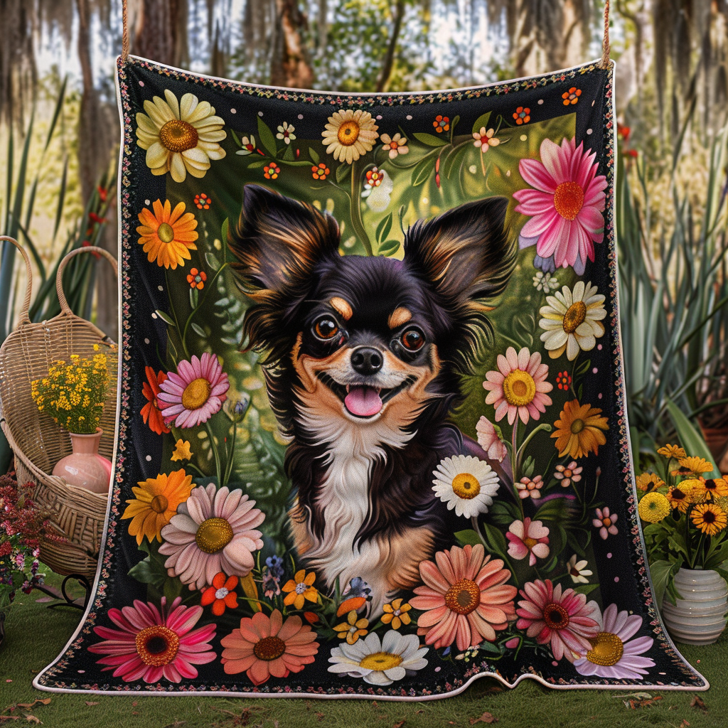 Playful Chihuahua Flowers Quilted Blanket NCU0TH384