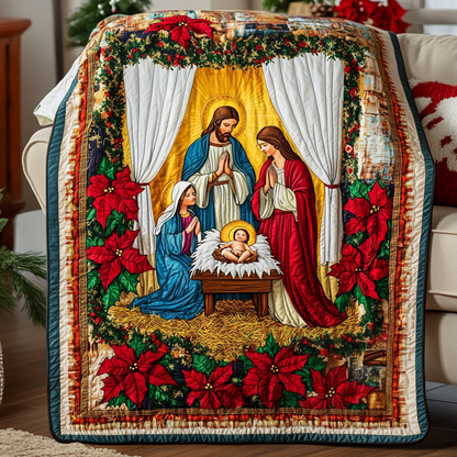 Poinsettia Nativity Quilted Blanket NCU0VH380