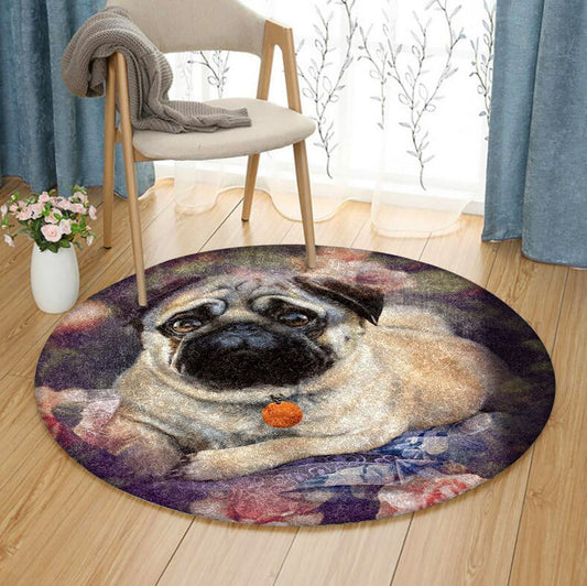 Pug And Flower BT2310048RR Round Area Rug