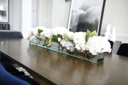 48″ Casa Moderna Glass Plate Planter with white Hydrangeas and Driftwood