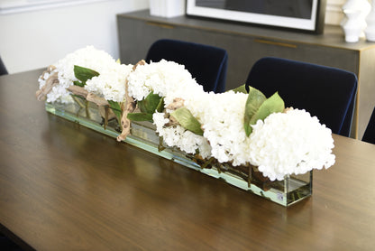 48″ Casa Moderna Glass Plate Planter with white Hydrangeas and Driftwood