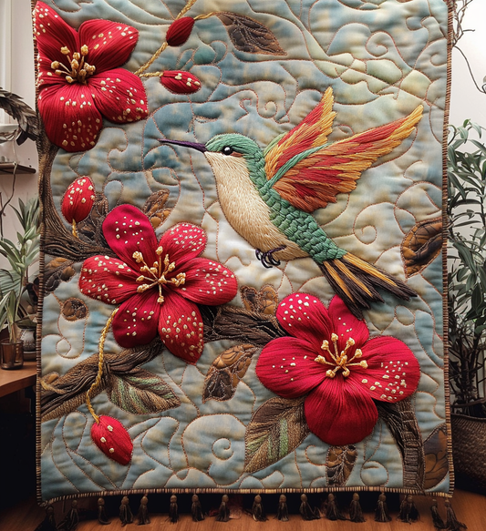 Red Flower Hummingbird Quilted Blanket NCU0DV1282