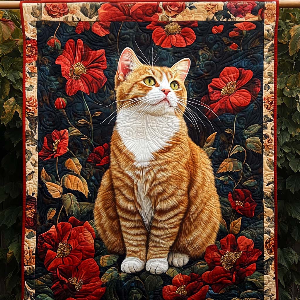 Red Poppy Cat Quilted Blanket NCU0NT1007