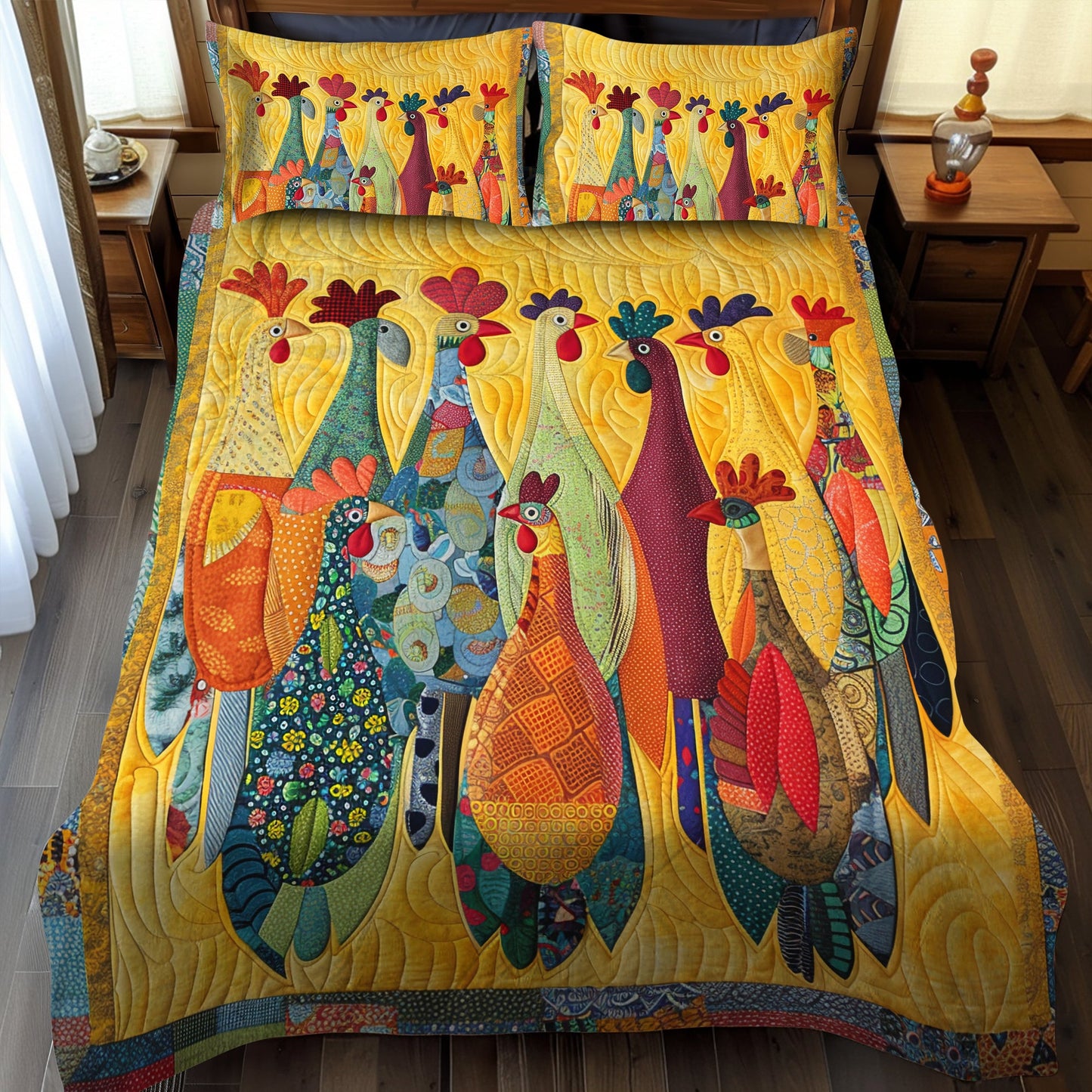 Rooster Meeting 3-Piece Quilted Bedding Set NCU0TH883