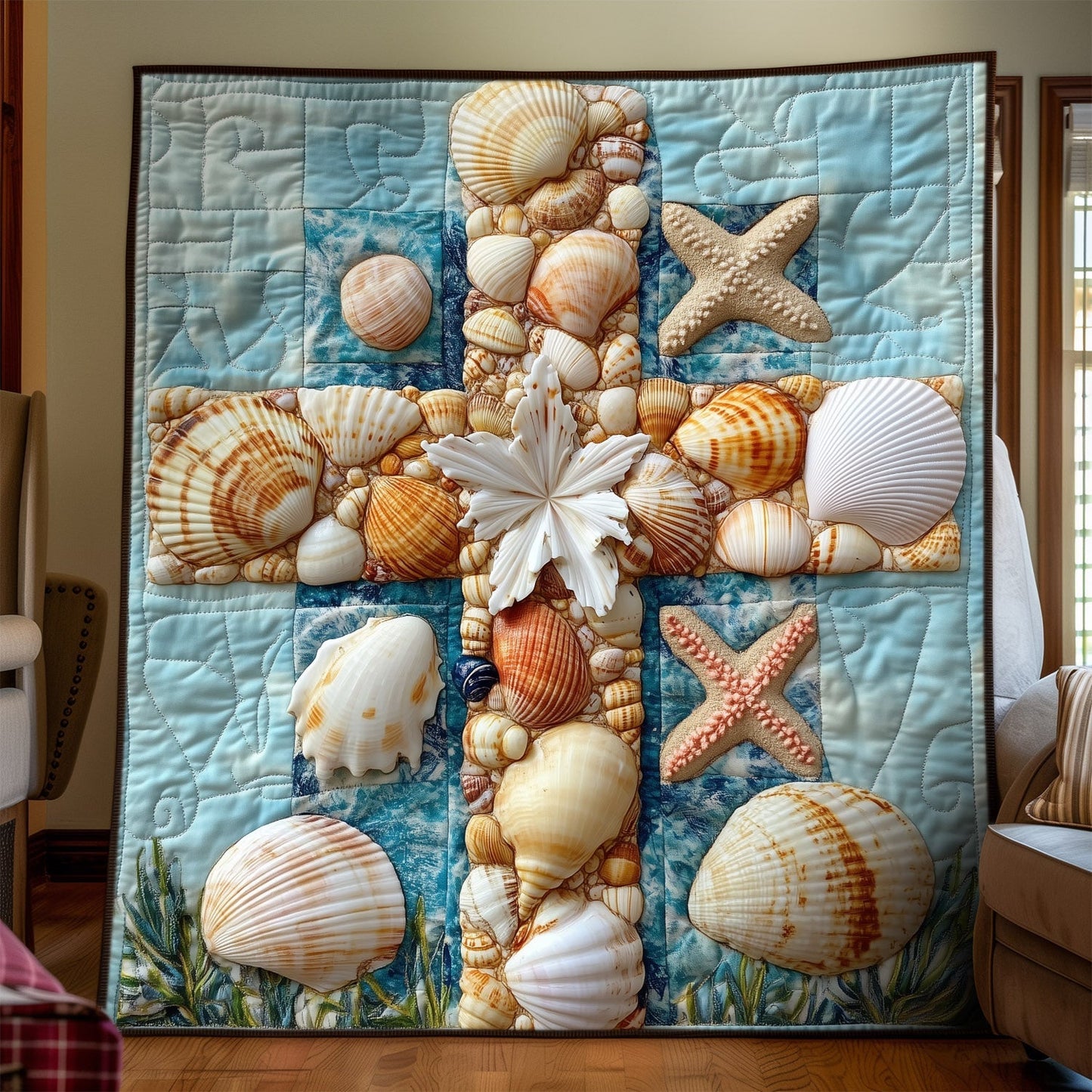 Sacred Seashells Cross Quilted Blanket NCU0DV965