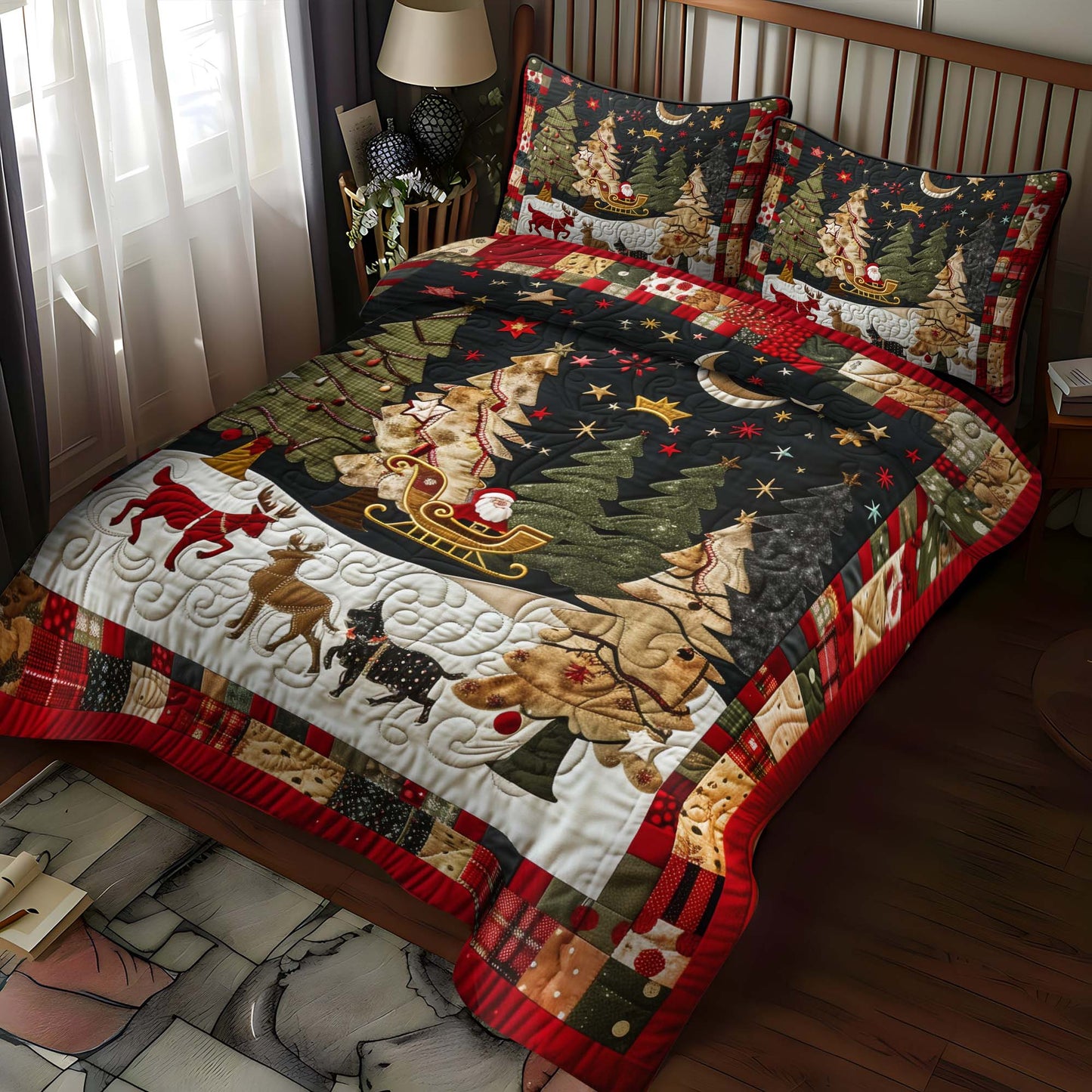 Santa's Night Sleigh Ride 3-Piece Quilted Bedding Set NCU0NT051