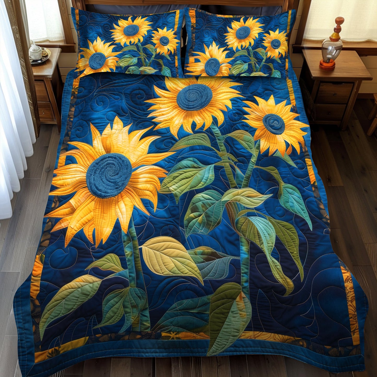 Juego de cama acolchado de 3 piezas con diseño de girasoles y zafiro NCU0TH911