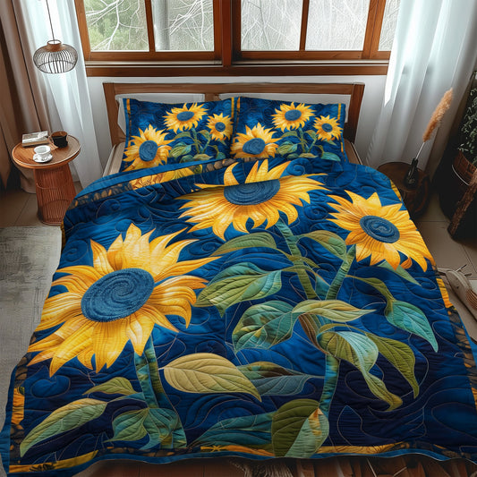 Juego de cama acolchado de 3 piezas con diseño de girasoles y zafiro NCU0TH911