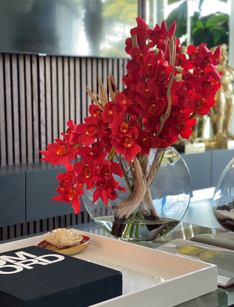 Red Cymbidiums in Moon Vase