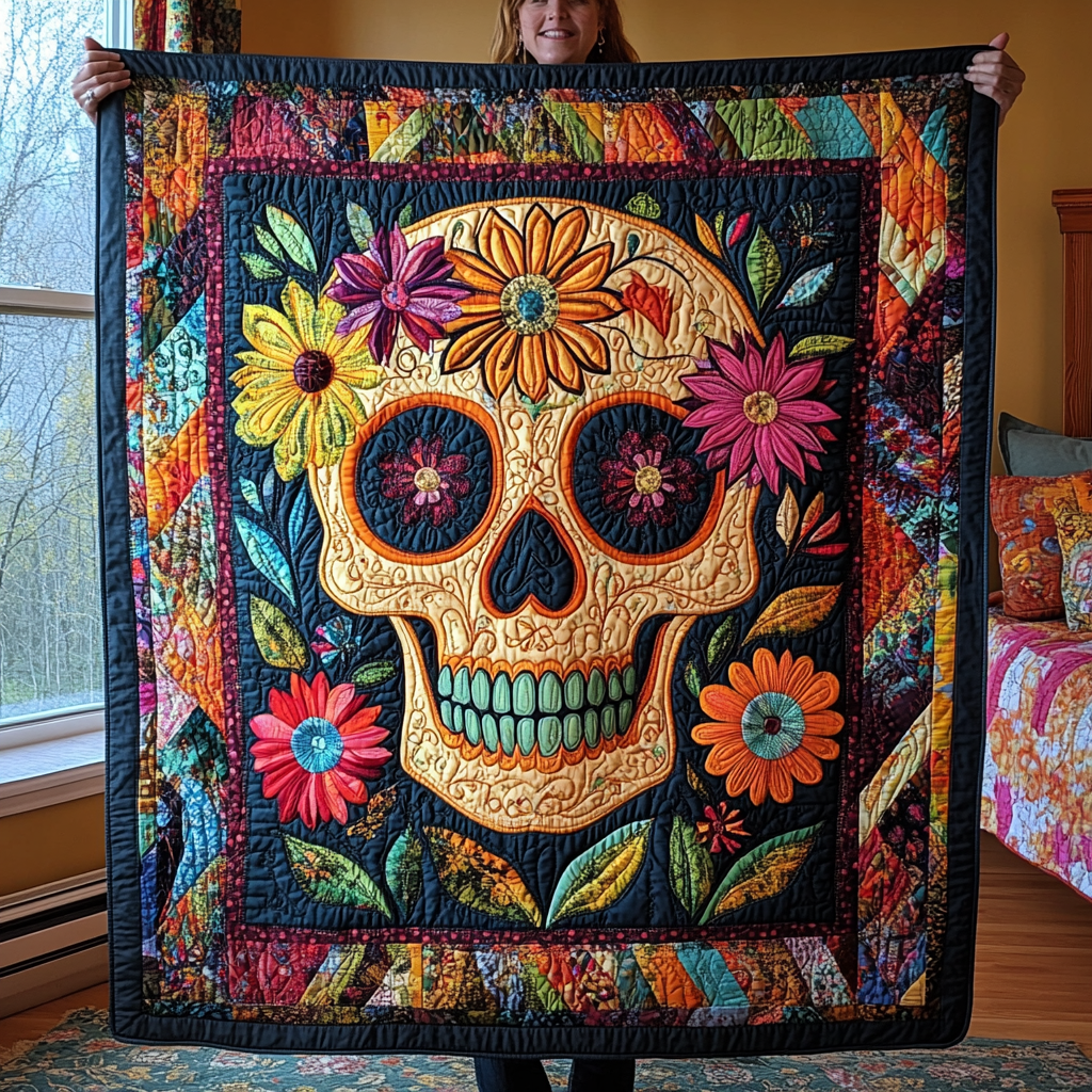 Skull And Blooms Quilted Blanket NCU0TL1934