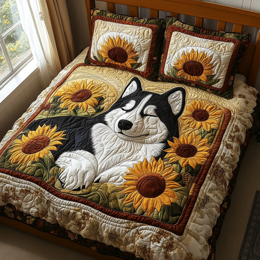 Juego de cama acolchado con estampado de girasoles y husky NCU0DV2468