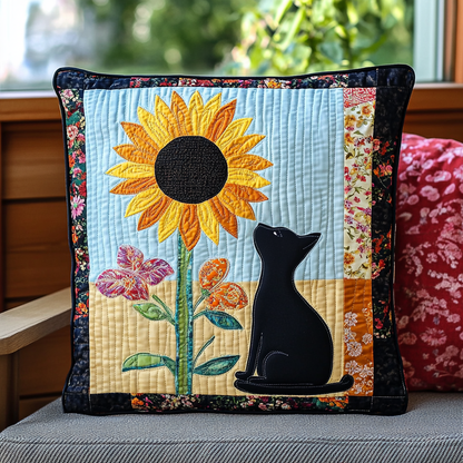 Funda de almohada acolchada con diseño de gatito y girasol NCU0DV647