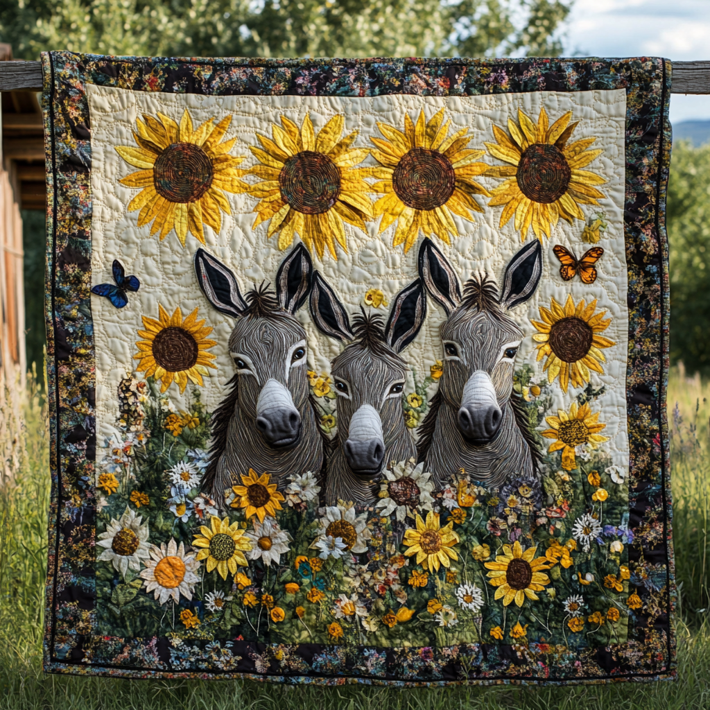 Sunflowers Charming Donkeys Quilted Blanket NCU0PD655