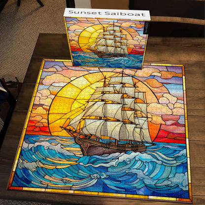 Stained Glass Sunset Saiboat Jigsaw Puzzle 1000 Pieces