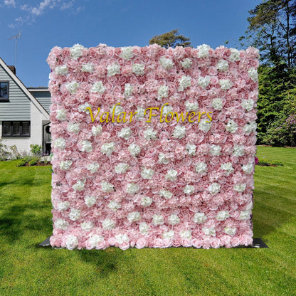 Roll Up Fabric Artificial Pink Rose White Flower Wall Wedding Backdrop, Floral Party Decor, Event Photography-VF-047-2