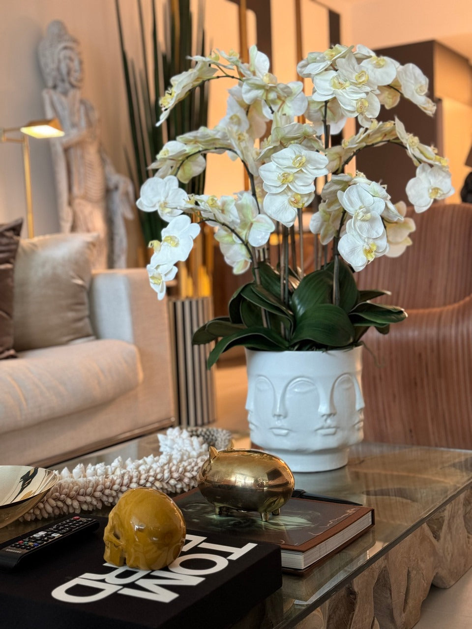 Visage Vase (White) with Orchids