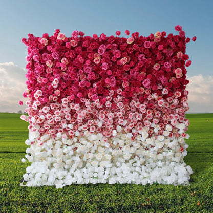 Roll Up Fabric Artificial Red to White Gradient Flower Wall Wedding Backdrop, Floral Party Decor, Event Photography-VF-372