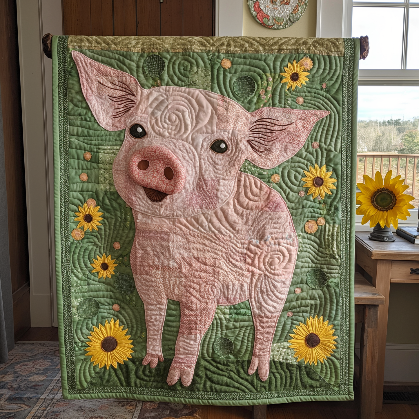 Verdant Sunflower Pig Quilted Blanket NCU0TL267