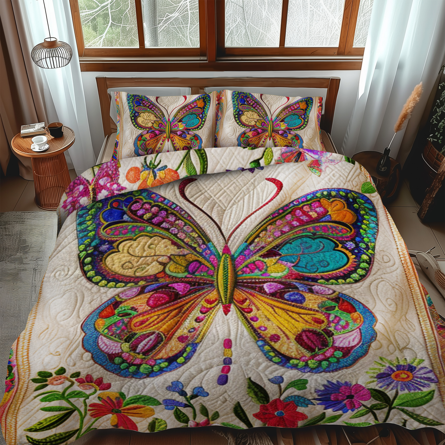 Juego de cama acolchado de 3 piezas con diseño de mariposas y mandalas vibrantes NCU0VL139