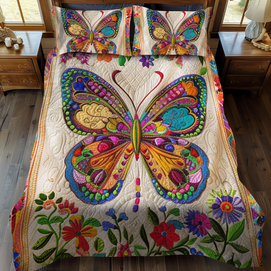 Juego de cama acolchado de 3 piezas con diseño de mariposas y mandalas vibrantes NCU0VL139