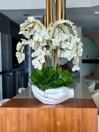 White Phalaenopsis  Orchids in  White Open Hands Sculpture Vase