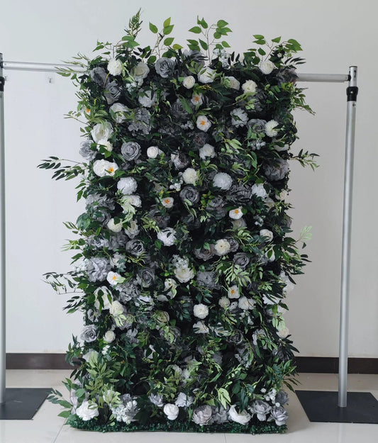 Roll Up Fabric Artificial Flower Wall Grey and White Flower Green Leaves Backdrop, Event Photography