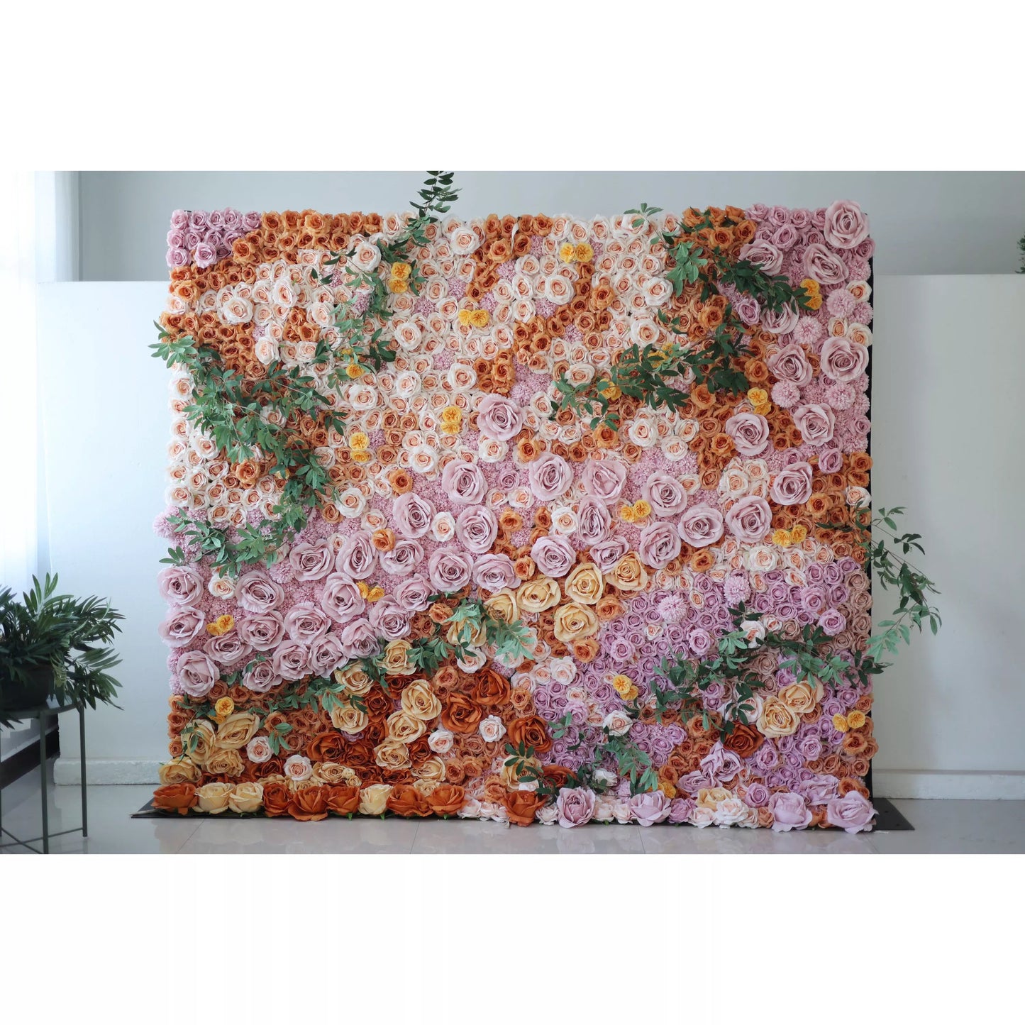 Roll Up Fabric Blush Pink, Coral Orange, Cream & Soft Yellow Rose with Green Eucalyptus Leaves Flower Wall: Nature's Palette in Elegant Display - A Breathtaking Addition for Any Event-VF-139-2