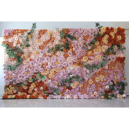 Roll Up Fabric Blush Pink, Coral Orange, Cream & Soft Yellow Rose with Green Eucalyptus Leaves Flower Wall: Nature's Palette in Elegant Display - A Breathtaking Addition for Any Event-VF-139-2