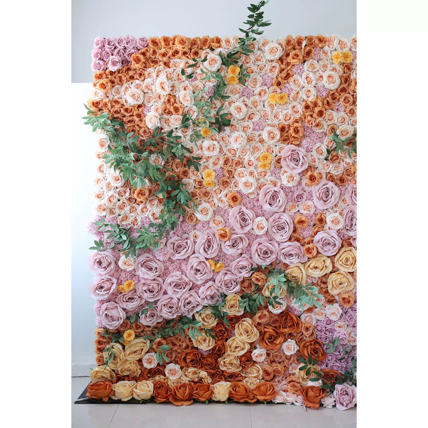 Roll Up Fabric Blush Pink, Coral Orange, Cream & Soft Yellow Rose with Green Eucalyptus Leaves Flower Wall: Nature's Palette in Elegant Display - A Breathtaking Addition for Any Event-VF-139-2