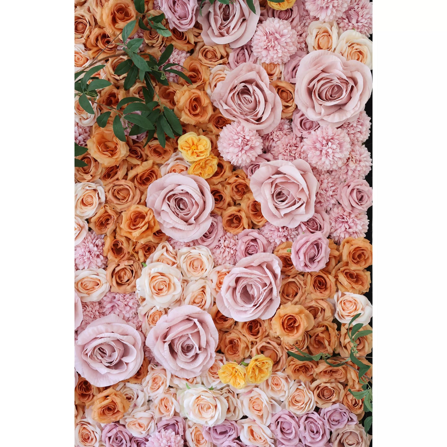 Roll Up Fabric Blush Pink, Coral Orange, Cream & Soft Yellow Rose with Green Eucalyptus Leaves Flower Wall: Nature's Palette in Elegant Display - A Breathtaking Addition for Any Event-VF-139-2