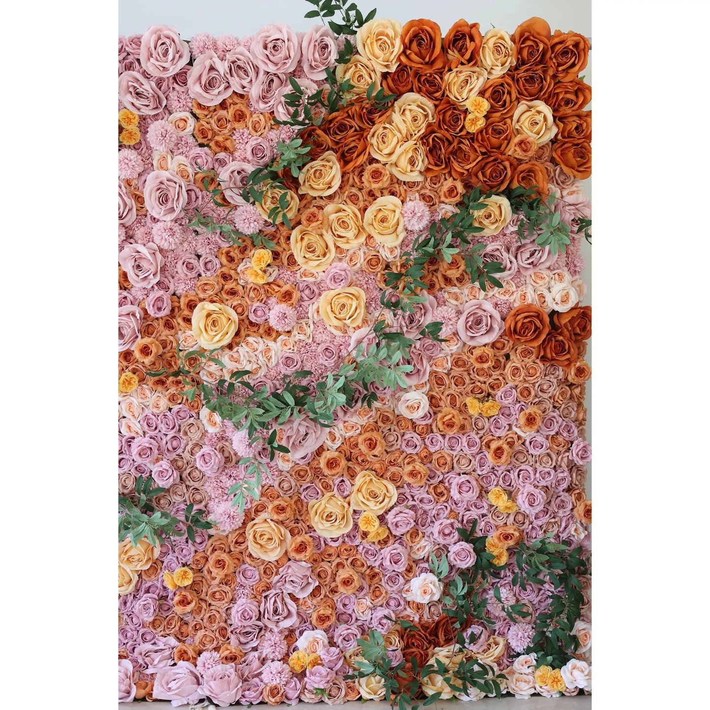 Roll Up Fabric Blush Pink, Coral Orange, Cream & Soft Yellow Rose with Green Eucalyptus Leaves Flower Wall: Nature's Palette in Elegant Display - A Breathtaking Addition for Any Event-VF-139-2