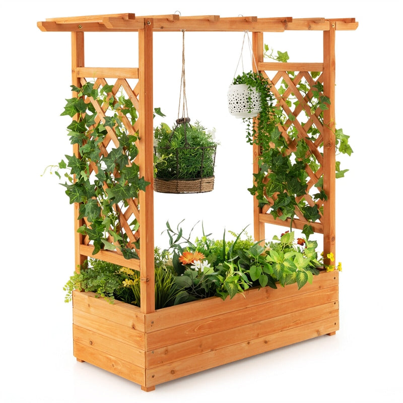 Raised Garden Bed with Arch Trellis Wood Elevated Planter Box with Hanging Roof Drainage Holes Side Trellis for Vine Climbing Plants