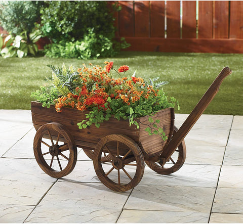 Wood Wagon Flower Planter Pot Stand with Wheels for Garden Outdoor Decor