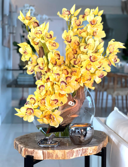 Yellow Cymbidiums in Moon Vase