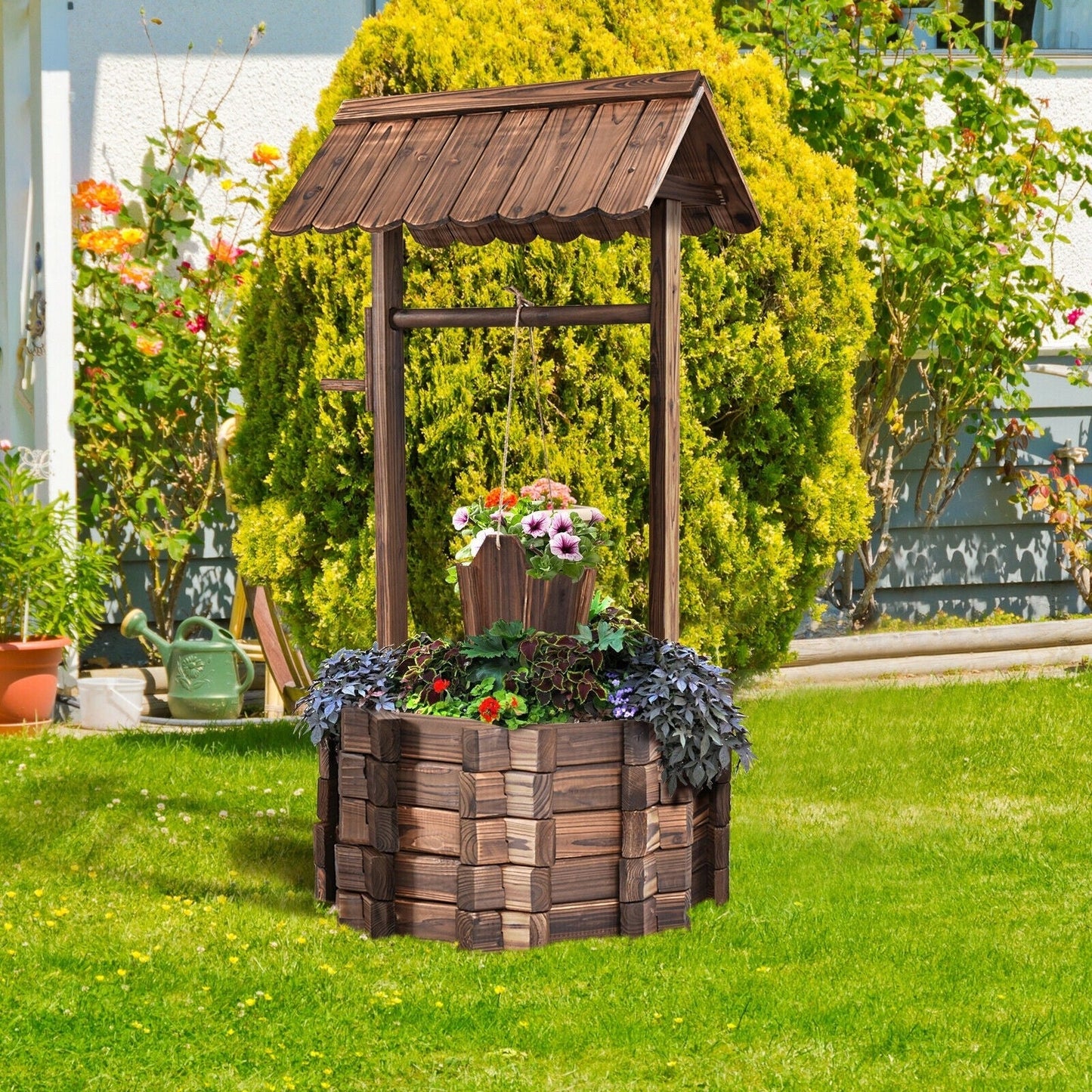 Rustic Outdoor Wooden Wishing Well Planter Garden Flower Plants Planter with Hanging Bucket