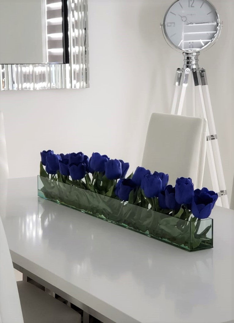 48″ Casa Moderna glass plate planter with blue tulips