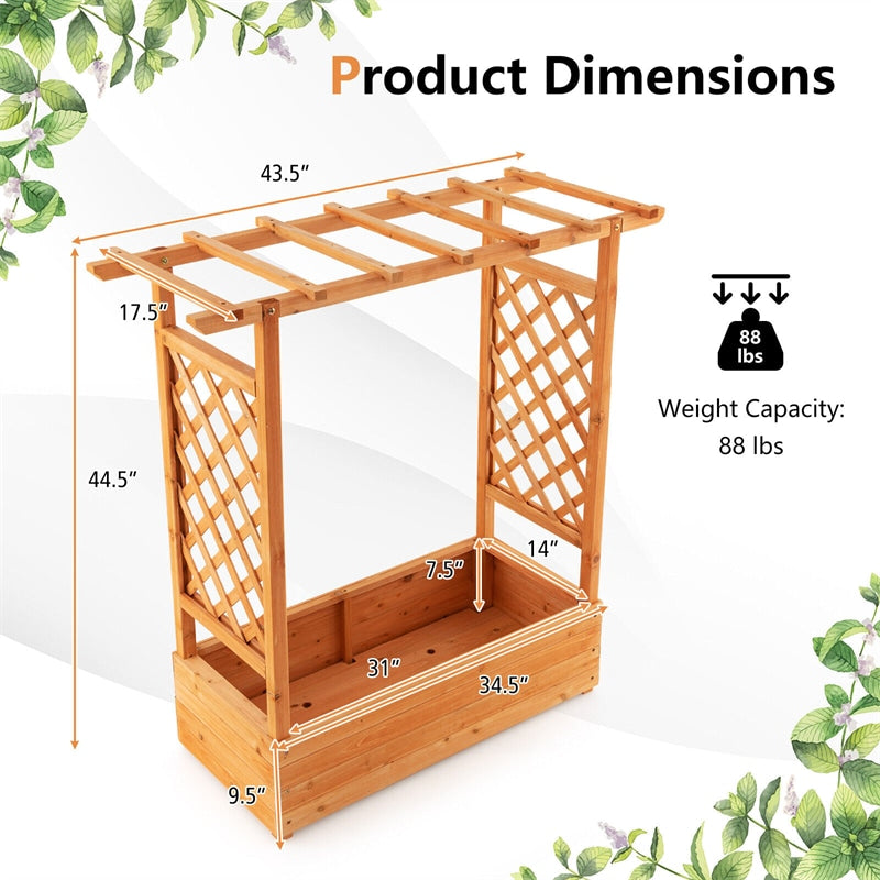 Raised Garden Bed with Arch Trellis Wood Elevated Planter Box with Hanging Roof Drainage Holes Side Trellis for Vine Climbing Plants