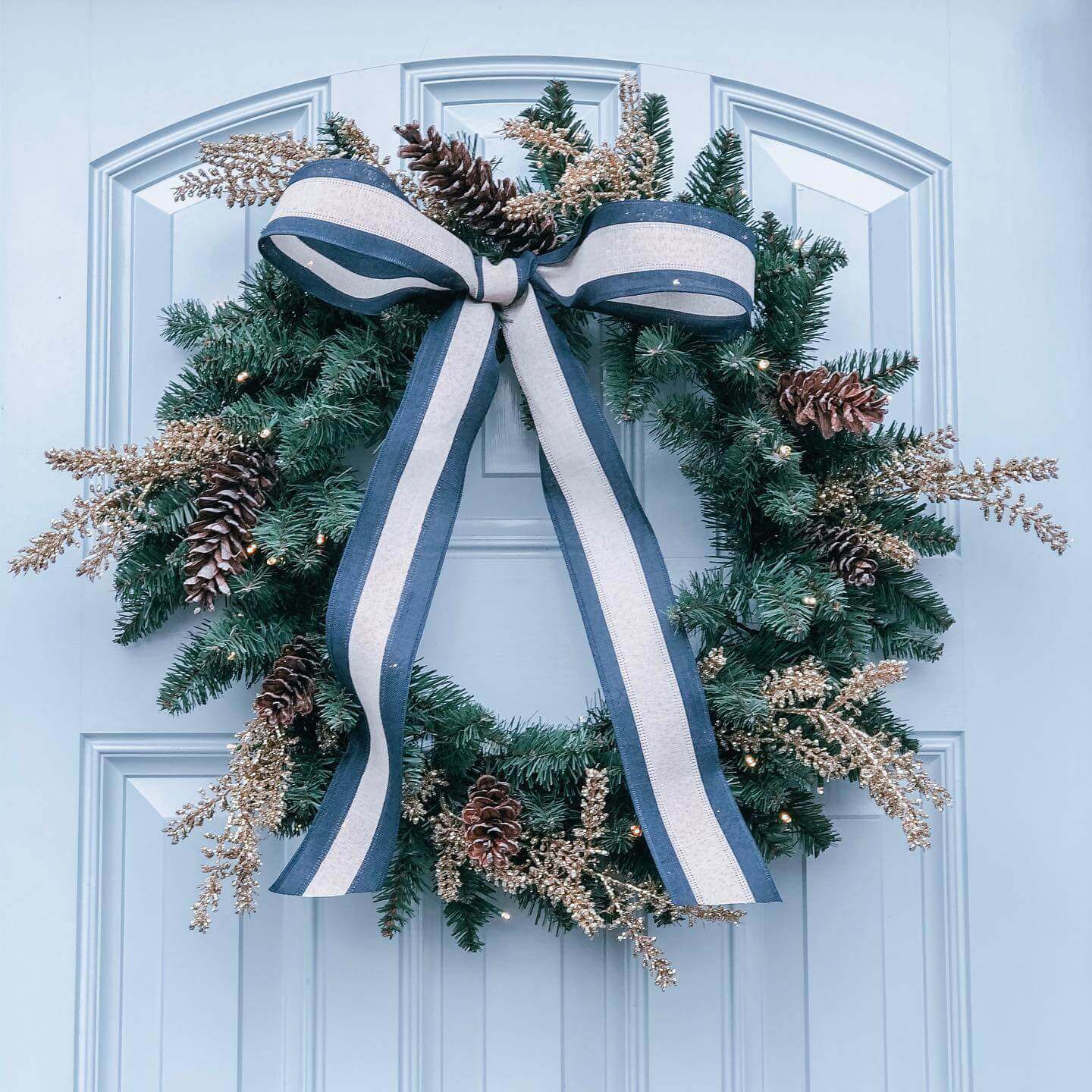 24" Tribeca Spruce Blue Wreath with Warm White LED Lights (Battery Operated)