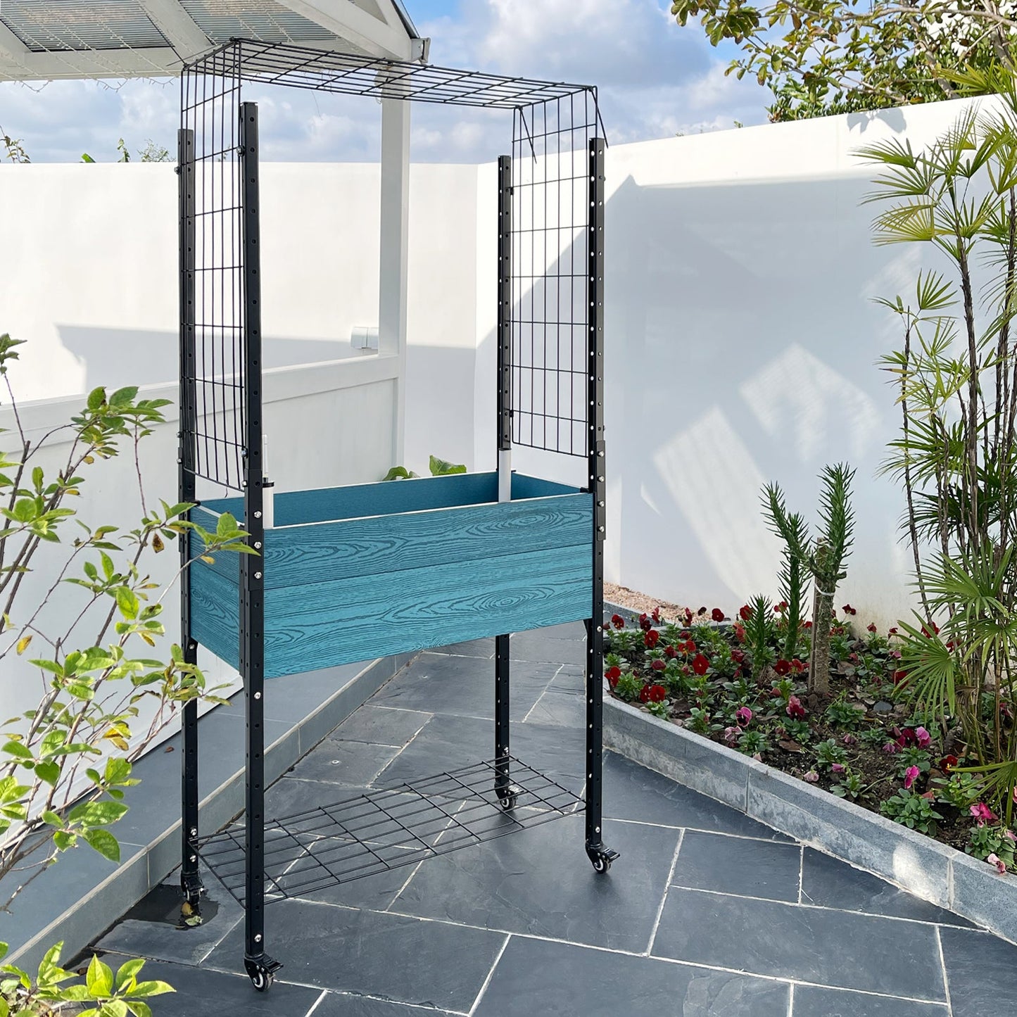 Self-watering Mobile Elevated Planter in Blue with Arch Trellis and UnderShelf